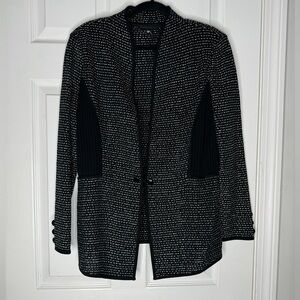 MING WANG Black Tweed Blazer Jacket Size Medium Shoulder Pads Hook‎ Eye Closure